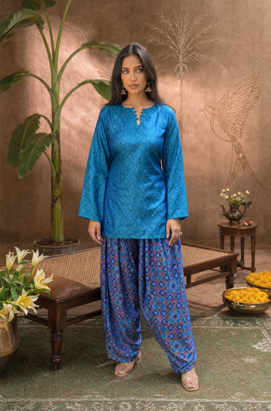 Festive Cobalt Blue Patola Printed Farshi Salwar Set(Pre-order)