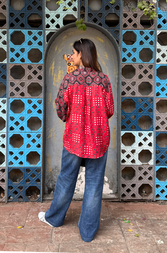 AURA-Red and Brown  Printed Oversized Shirt