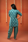 Festive Teal Green Shimmer Jumpsuit With Blazer Jacket