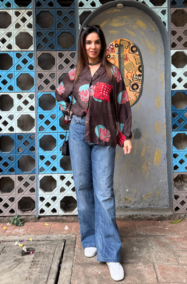 AURA-Brown Pocket Printed Oversized Shirt