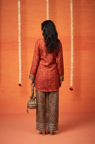 Festive Orange Patola  Printed Farshi Salwar Set with Potli Bag(pre-order)