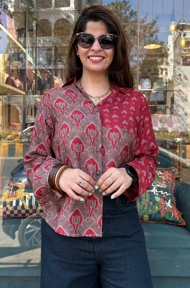 Jazba-Mocha Brown Lotus Dual Printed  Shirt