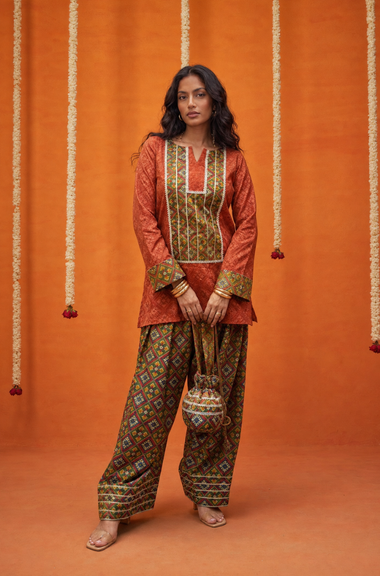 Festive Orange Patola  Printed Farshi Salwar Set with Potli Bag(pre-order)
