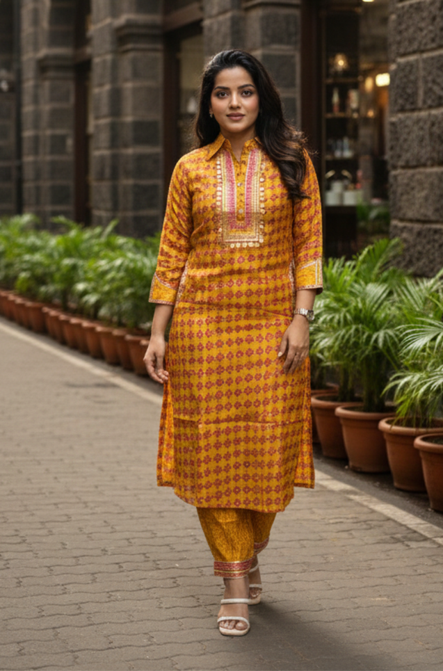 DESI SWAG  Yellow  Printed Co-ord Pathani Set