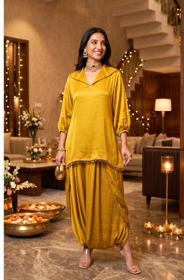 Mizaaj-Golden Mustard Tunic style Top  with Dhoti Skirt Set(PRE-0RDER)
