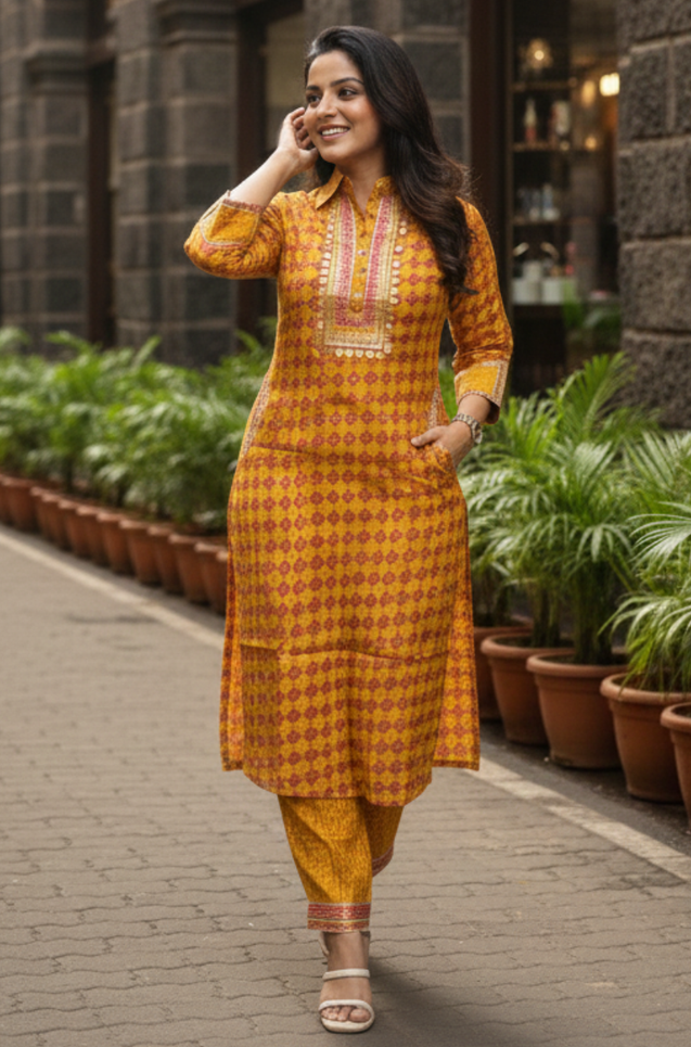 DESI SWAG  Yellow  Printed Co-ord Pathani Set