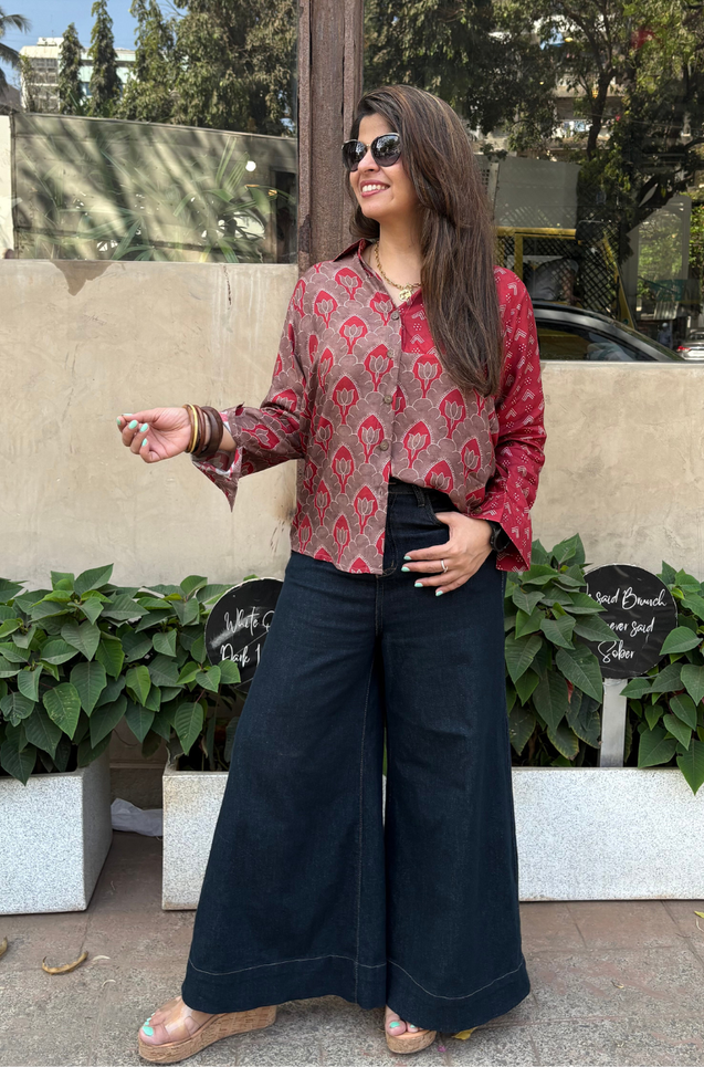 Jazba-Mocha Brown Lotus Dual Printed  Shirt