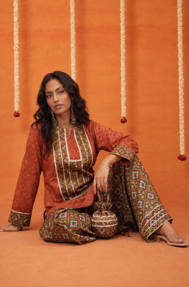 Festive Orange Patola  Printed Farshi Salwar Set with Potli Bag(pre-order)
