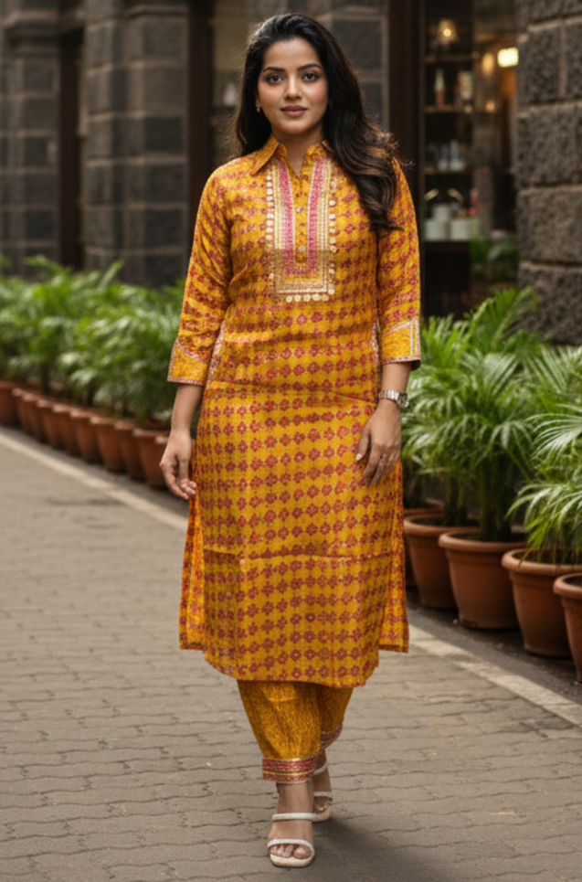 DESI SWAG  Yellow  Printed Co-ord Pathani Set