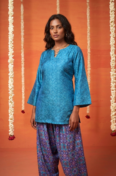 Festive Cobalt Blue Patola Printed Farshi Salwar Set(Pre-order)