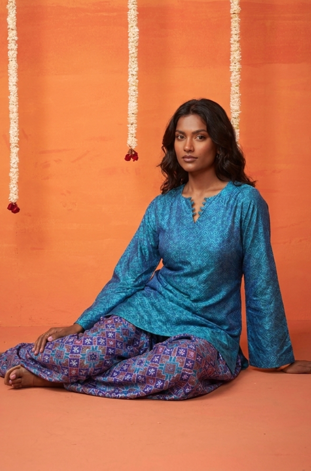 Festive Cobalt Blue Patola Printed Farshi Salwar Set(Pre-order)