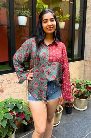Jazba-Teal  Lotus  Dual Printed  Shirt