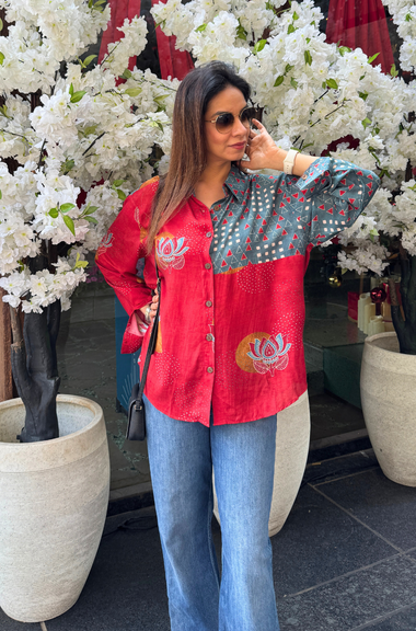AURA-Red and Blue Lotus Printed Oversized Shirt