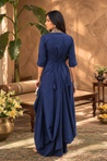 Rozana-Dark Blue Cotton Slub Elegant Fusion Drape  Dress(Pre-order)