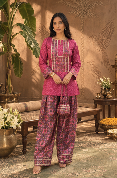Festive Pink Patola Printed Farshi Salwar Set with Potli Bag(pre-order)