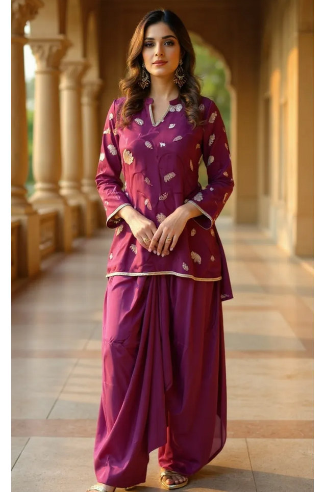 FITOOR-Plum Maroon Short Kurta with Turkey Skirt