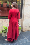 Rozana-Red Cotton Slub Elegant Fusion Drape  Dress