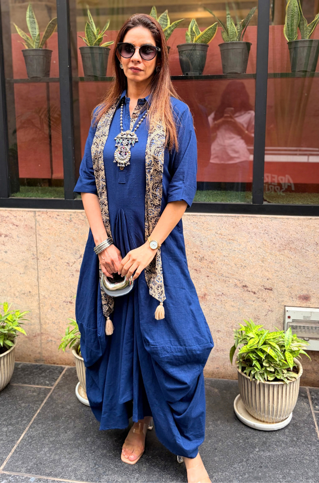 Rozana-Dark Blue Cotton Slub Elegant Fusion Drape  Dress