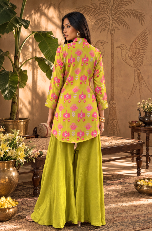 Festive  Lime Green Ikat Printed Short Kurta With Cowl Pant(Pre-order)