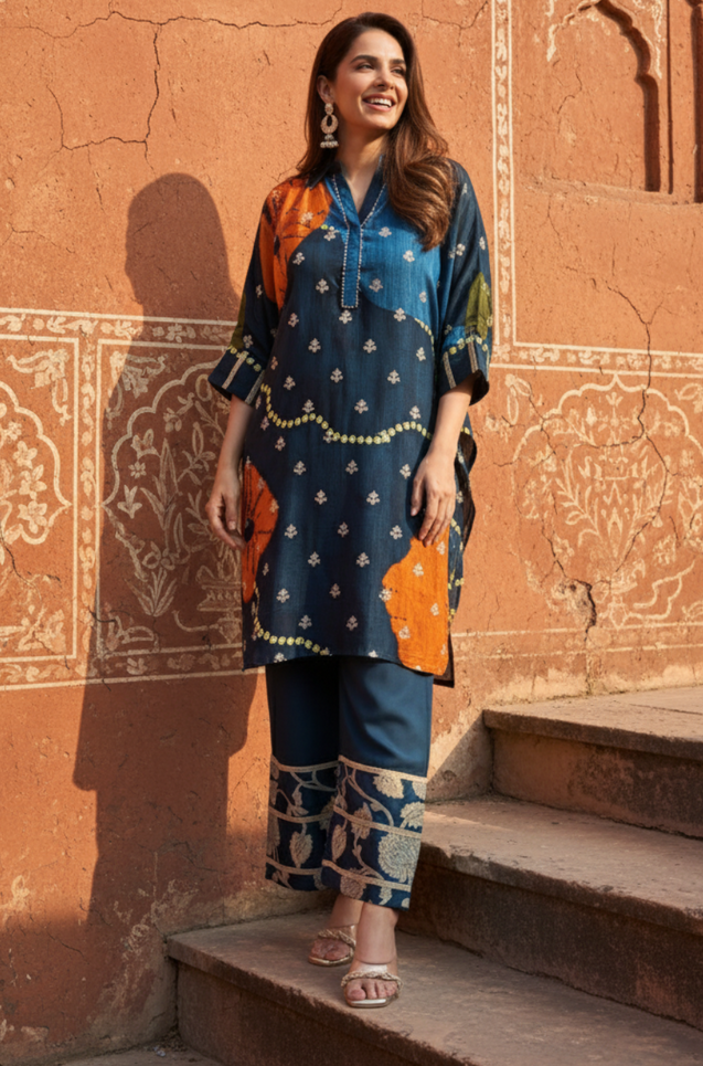 MEHER-Navy Blue Bandhani Ethnic  Kurta set