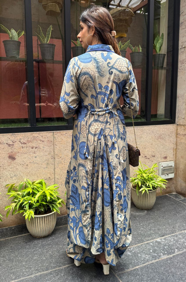 Rozana-Blue Cotton Elegant Fusion Drape Dress