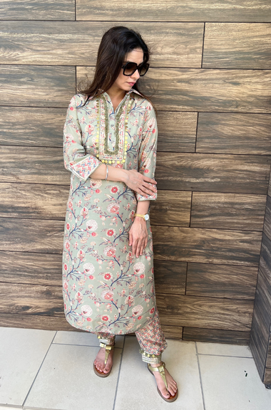 DESI SWAG - Sage Green Floral Printed Pathani Set