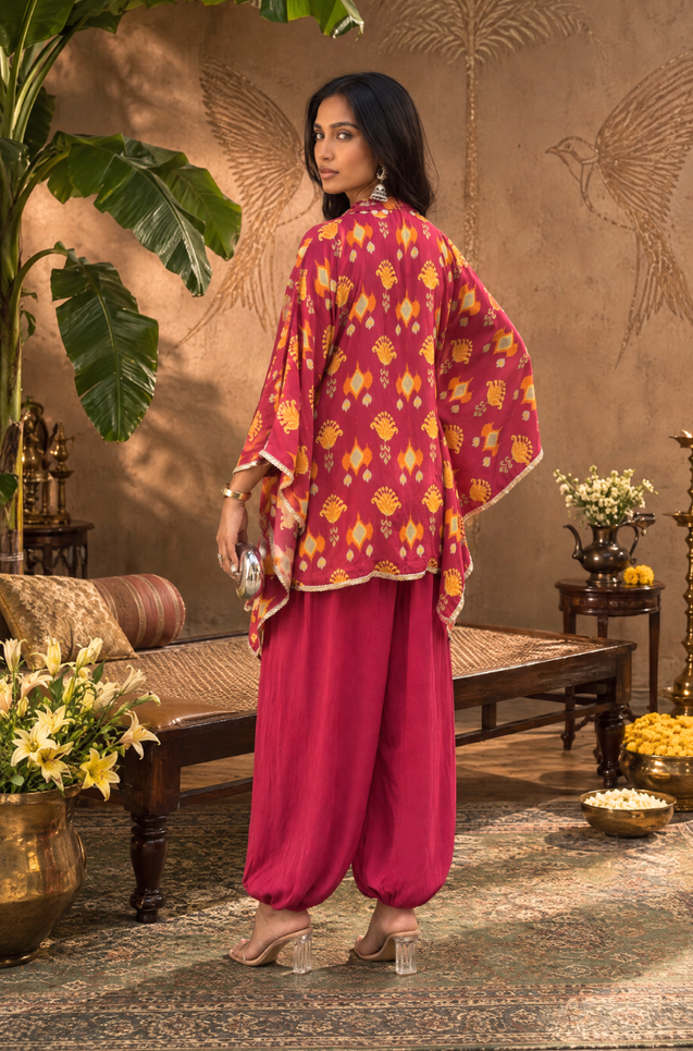 Mizaaj  -Magenta Ikat Printed Shirt Kaftan  With  Balloon Pant( Pre-Order)