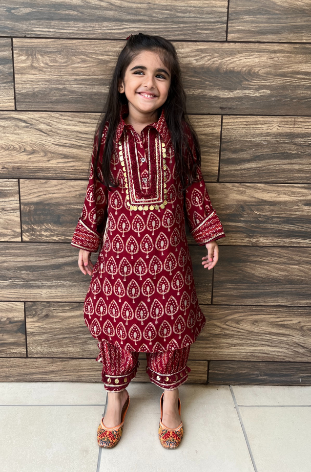 MUM &  'MINI'-MUM - Red Printed Co-ord Pathani Set