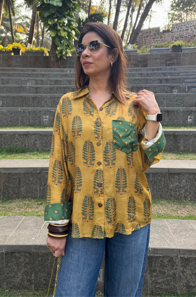 Jazba-  Ochre Yellow Leaf Pocket Printed  shirt