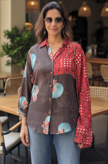 AURA-Brown and Red Lotus Printed Oversized Shirt
