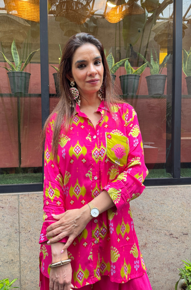 Festive Fuchsia  Pink Ikat Printed Short Kurta With Cowl Pant