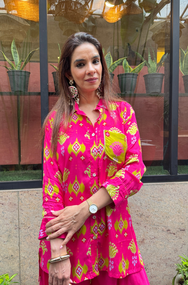 Festive Fuchsia  Pink Ikat Printed Short Kurta With Cowl Pant