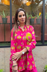 Festive Fuchsia  Pink Ikat Printed Short Kurta With Cowl Pant