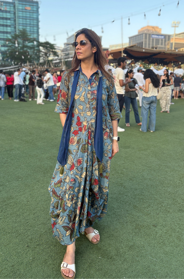 Rozana- Blue Cotton Elegant Fusion  Drape  Dress