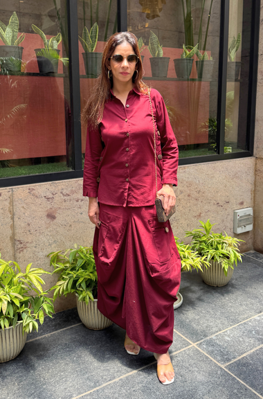 REZAAR- Maroon Drape Skirt Co-Ord Set with Shirt Top