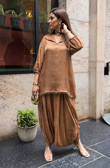 Mizaaj-Mocha Tunic style Top  with Dhoti Skirt Set(PRE-0RDER)