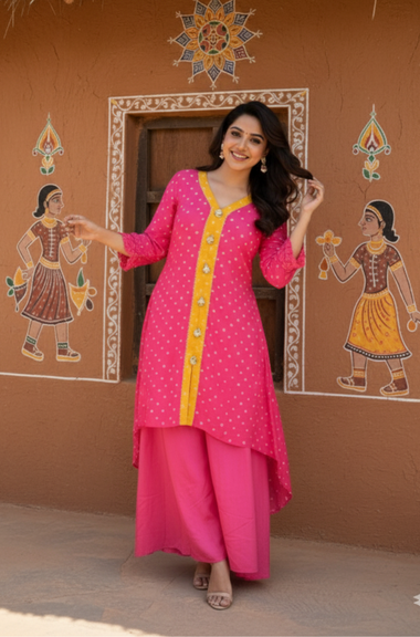 MEHER-Radiant Pink  Bandhani  High-Low Kurta With  Flared Pant