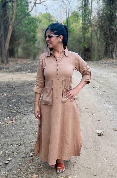REZAAR-Beige Shirt Style Pocket Dress