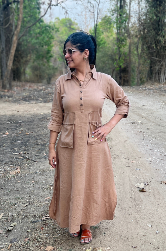 Beige Button Detail Shirt  Dress