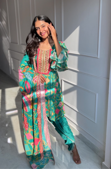 GEET-Jade Green Three Piece Suit Set With Printed Dupatta