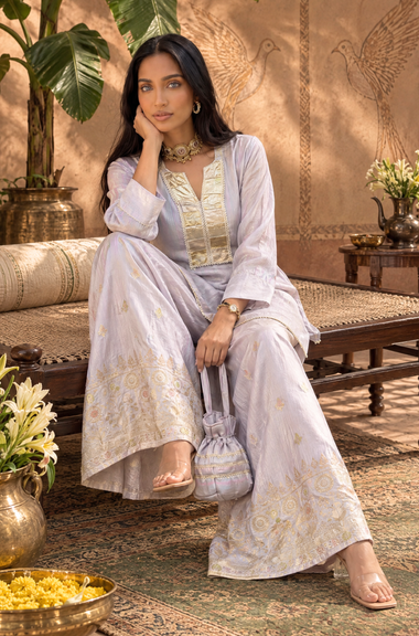 Mizaaj- Lilac Printed Festive Cord set with Potli Bag(PRE-0RDER)