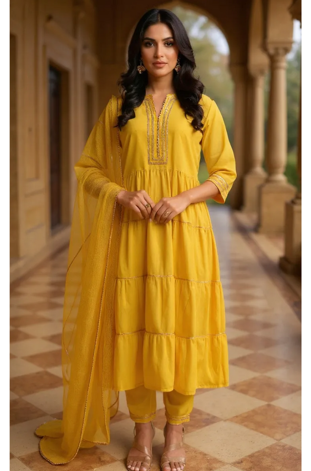 Yellow  Anarkali  Three piece set with Dupatta
