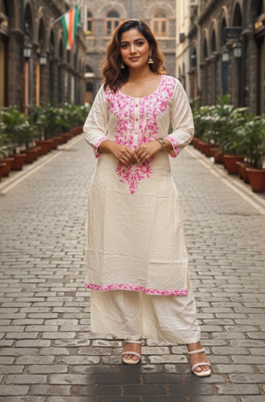 ZAIB -White and Pink Aari Embroidered Three piece Set