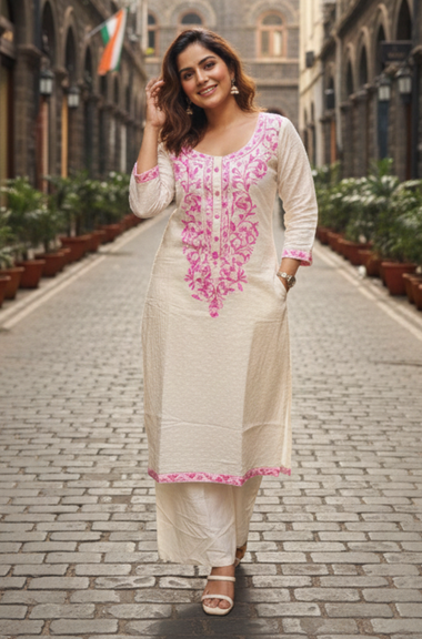 ZAIB -White and Pink Aari Embroidered Three piece Set