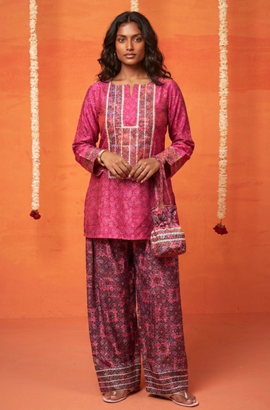 Festive Pink Patola Printed Farshi Salwar Set with Potli Bag(pre-order)