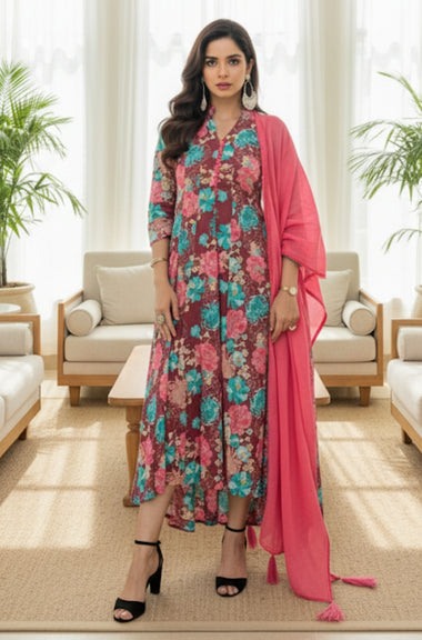 Rosewood Floral Printed Kali Gown With Stole
