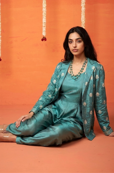 Festive Teal Green Shimmer Jumpsuit With Blazer Jacket