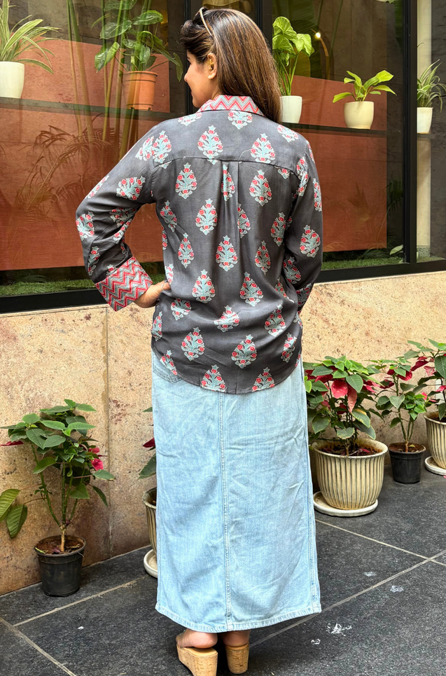 Jazba-Charcoal Grey floral Motif  Shirt