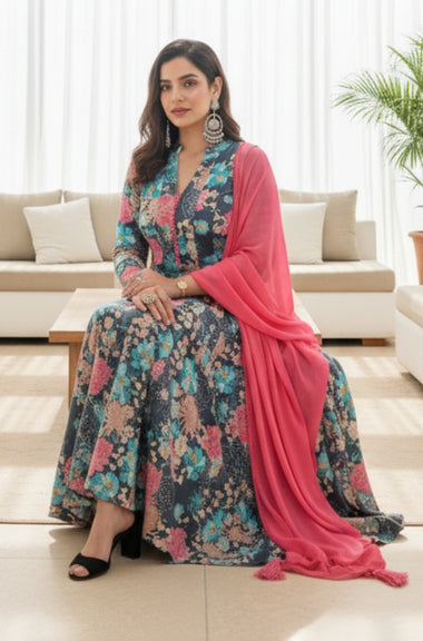 Blue Floral Printed Kali Gown With Stole