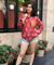 Jazba- Coral Red Leaf Pocket Printed  shirt